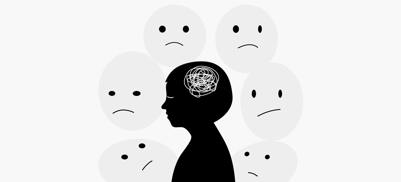 Illustration: 6 runde Kreise mit negativen Gesichtsausdrücken und einer schwarzen Silhouette eines Oberkörpers mit Kopf einer Person. An der Stelle Des Gehirns ist ein Kreisel.