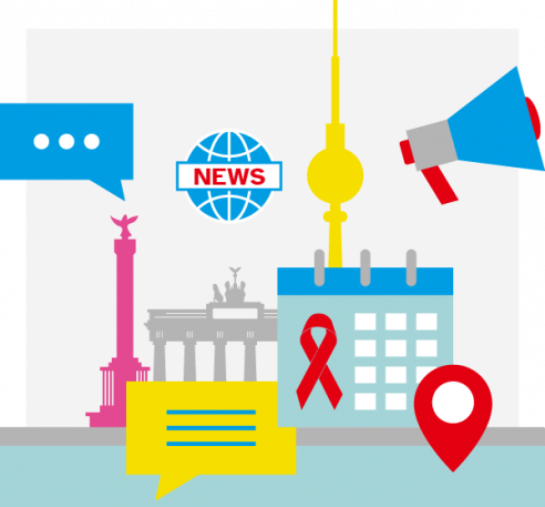Illustration mit verschiedenen Icons, wie Lautsprecher, Sprechblasen und Kalender. Zusätzlich sind Illustrationen Berliner Wahrzeichen im Hintergrund.