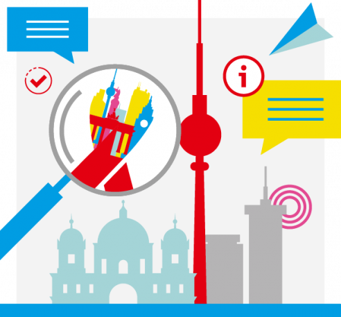 Illustrationen: Lupe, in der man die FTCN-Schlaufe sehen kann, Berliner Wahrzeichen, Sprechblasen, Info-Icon