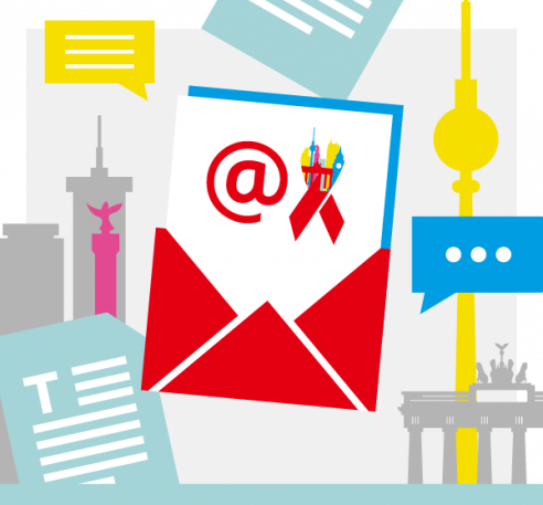 Illustrationen: Geöffneter Brief mit einem @-Zeichen under FTCN-Schlaufe, Sprechblasen, Textdokument und Berliner Wahrzeichen wie Fernsehturm und Brandenburger Tor