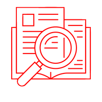 Weißer Kreis auf dem eine Illustration mit roter Umrandung zu sehen ist. Die Illustration zeigt ein Buch und darüber eine Lupe.