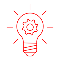 Illustration einer leuchtenden Glühbirne in der ein Zahnrad zu sehen ist. Die Illustration hat rote Umrisse und einen kreisförmigen weißen Hintergrund.