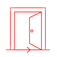 Weißer Kreis darauf ist die Illustration einer geöffneten Tür mit roter Umrandung