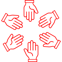 Weißer Kreis auf dem & Illustrationen von 6 Händen mit roter Umrandung im Kreis angeordnet sind.
