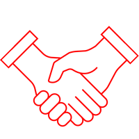 Weißer Kreis auf dem die Illustration eines Handschlags von zwei Händen mit rotem Umriss