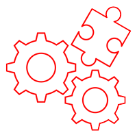 Illustration mit zwei Zahnrädern und einem Puzzleteil, Die Illustration hat eine rote Umrandung ist auf einem weißen Kreis angeordnet.